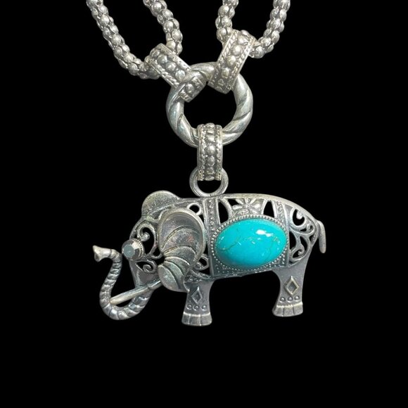Silver Tone Turquoise Elephant Pendant Necklace Boho Chic Artisanal Spiritual - Picture 5 of 9